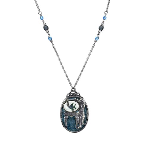 1928 Pewter Cat with Blue Enamel Fishbowl Beaded Necklace - image 