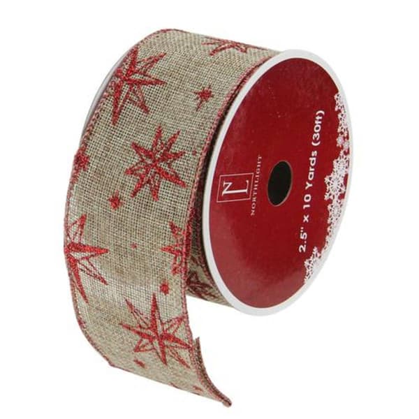 Northlight Red & Beige Star Wired Christmas Craft Ribbon - image 