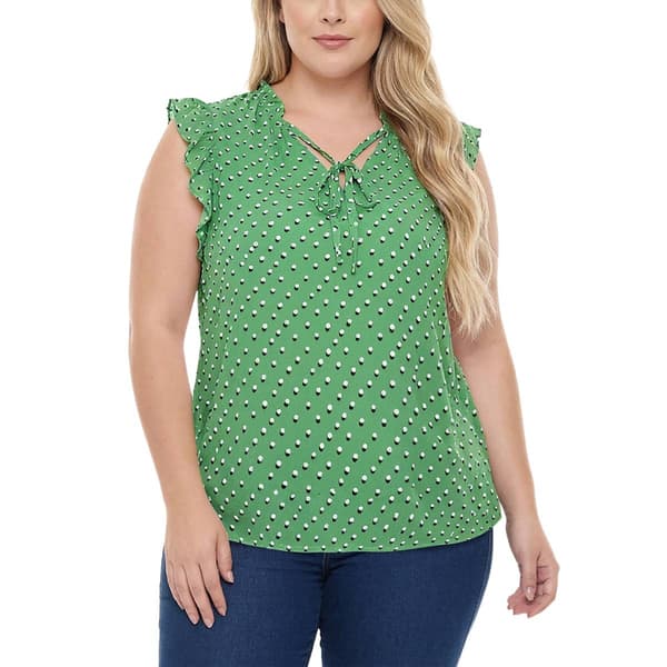 Plus Size NY Collection Flutter Sleeve Print Chiffon Tie Neck Bl