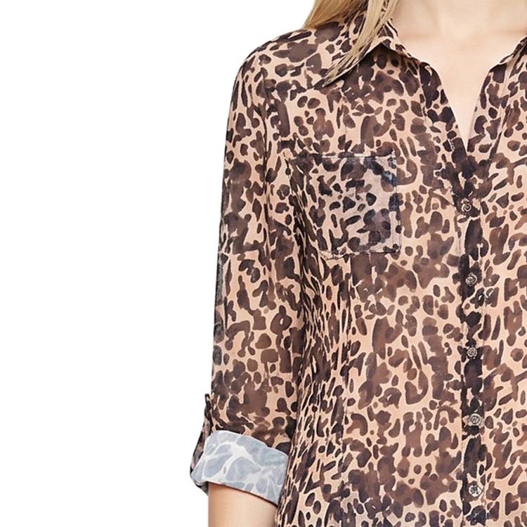 Womens NY Collection Roll Tab Sleeve Cheetah Mesh Tunic Blouse