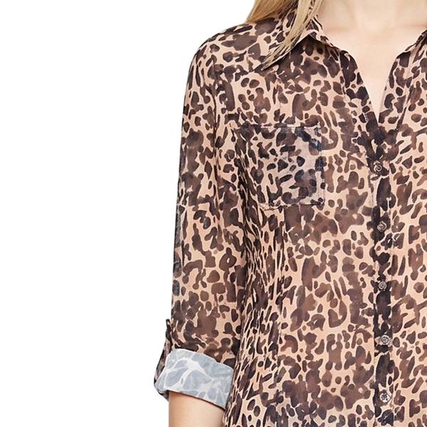 Womens NY Collection Roll Tab Sleeve Cheetah Mesh Tunic Blouse