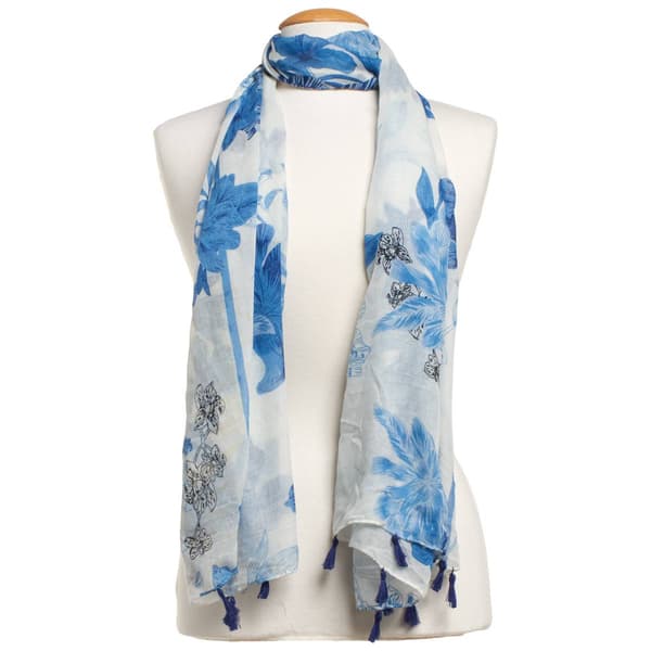 Womens Renshun Blue Floral Oblong Scarf - image 