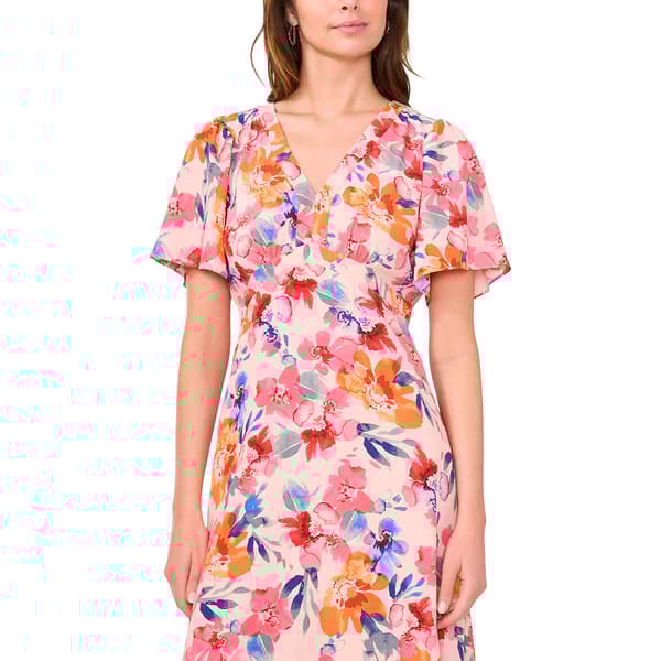 Womens MSK Short Sleeve V-Neck Floral Crepe Midi Dress