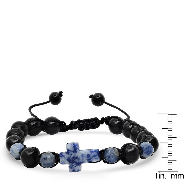 Mens Blue Stone and Black Beaded Drawstring Bracelet