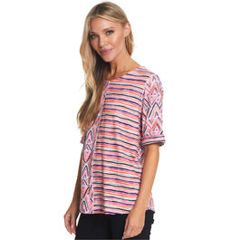 Womens Multiples Short Sleeve Scoop Neck Print & Stripe Top