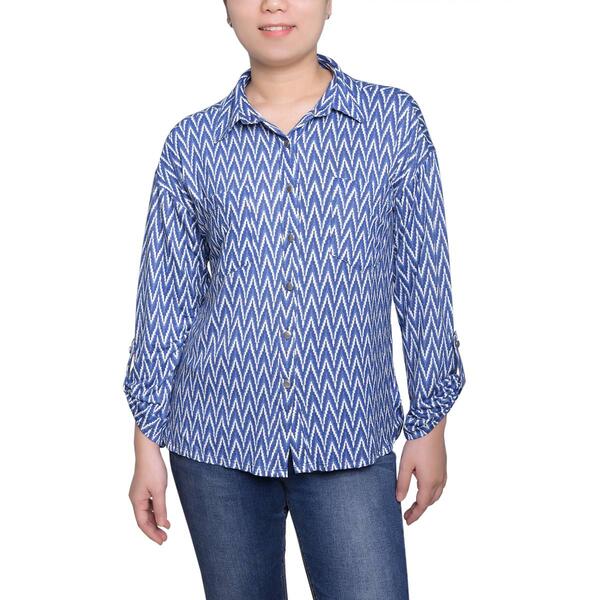 Womens NY Collection Long Sleeve Rolled Tab Chevron Button Front - image 