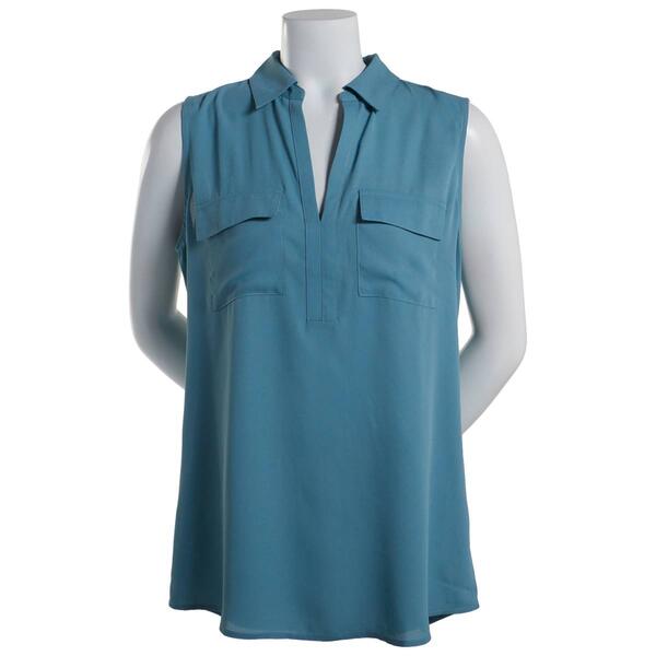 Womens Architect&#40;R&#41; Sleeveless Point Collar Solid Knit To Woven Top - image 