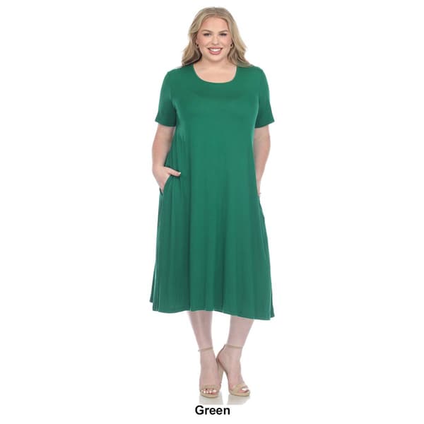 Plus Size White Mark Short Sleeve Pocket Swing Midi Dress