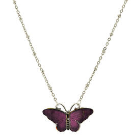 1928 Silver Tone Purple & Black Enamel Butterfly Necklace
