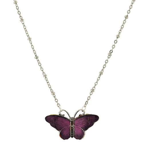 1928 Silver Tone Purple & Black Enamel Butterfly Necklace - image 
