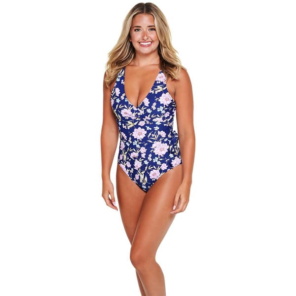 Womens Jones New York Surplice Side Tie Floral One Piece Swimsuit