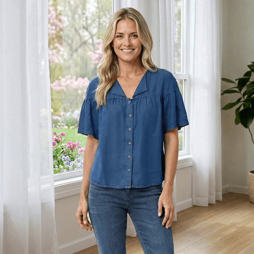 Womens Nicole Miller Short Sleeve Solid Button Front Blouse