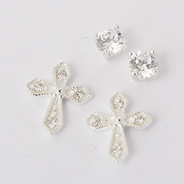 Sterling Silver Cubic Zirconia Cross Earrings Set - image 