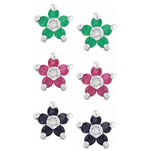 3pr. Sterling Silver & Multi-Color Flower Stud Earrings Set