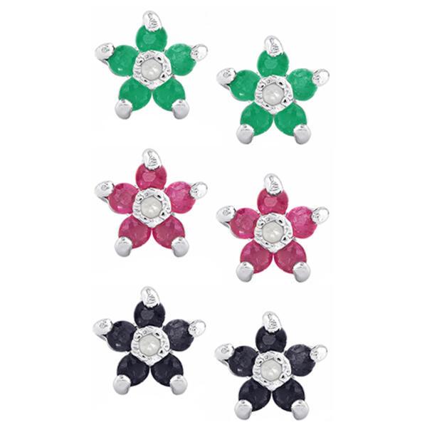 Sterling Silver & Multi-Color Flower Stud Earrings Set - image 