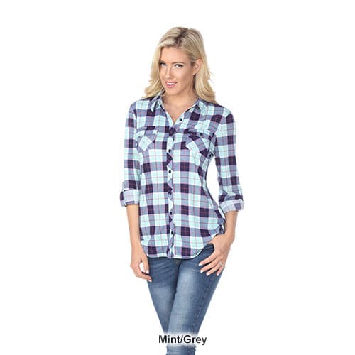 Womens White Mark Oakley Stretch Plaid Casual Button Down Top