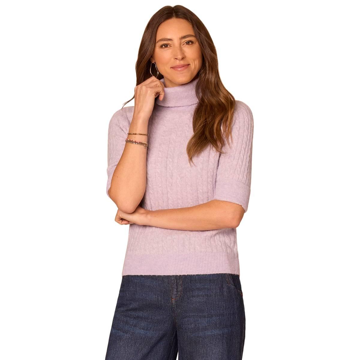 Womens Democracy Elbow Sleeve Turtleneck Cable Knit Sweater