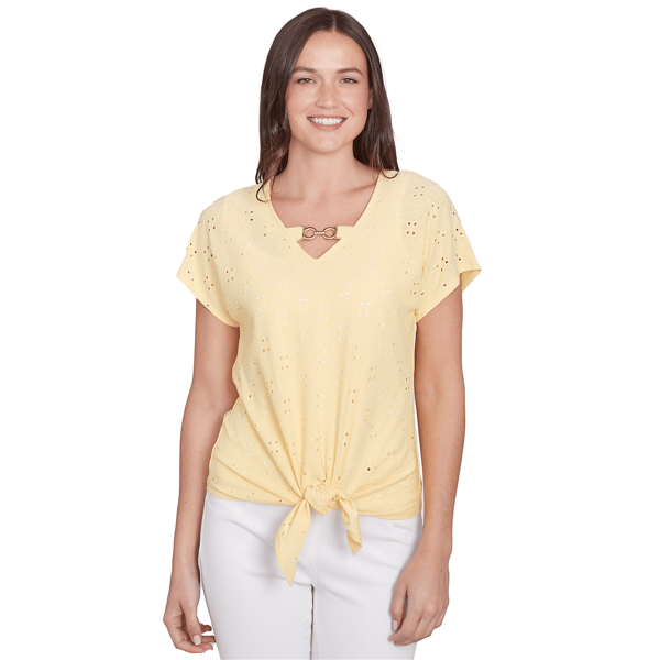 Womens Hearts of Palm Peachy Keen Eyelet Tie Front Blouse
