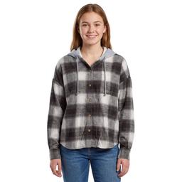 Juniors No Comment Hooded Oversized Plaid Flannel Shirt- Black