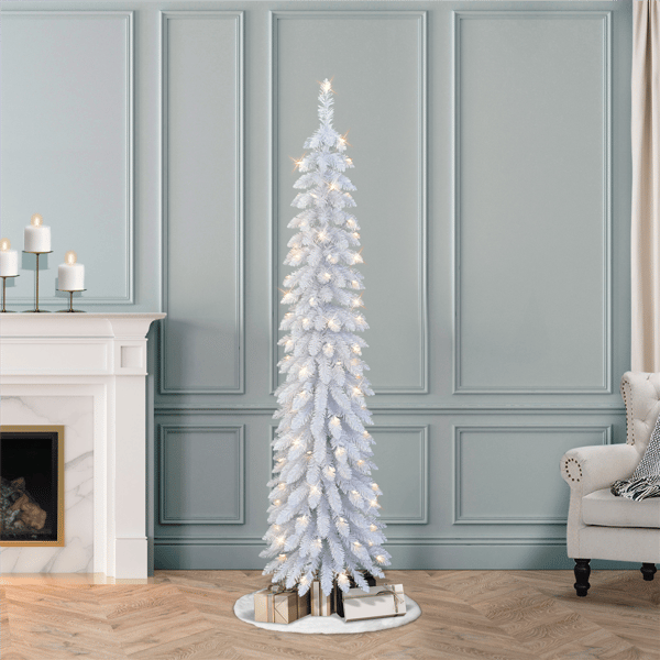Puleo International 6ft. Pre-Lit White Alpine Pencil Tree