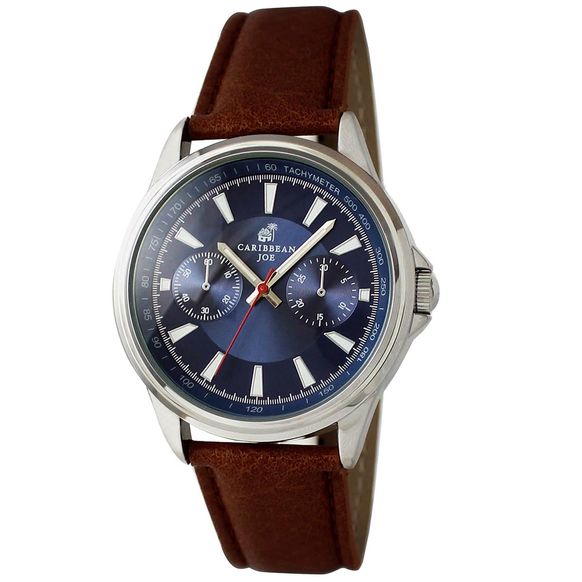 Mens Caribbean Joe Silver-Tone Retro Brown Strap Watch -...