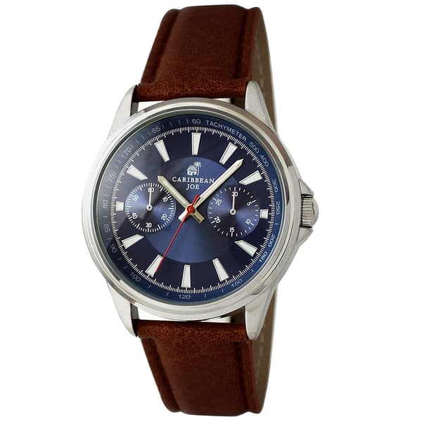 Mens Caribbean Joe Silver-Tone Retro Brown Strap Watch - CJ7108SL - image 