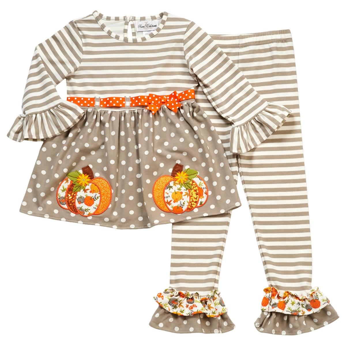Girls (4-6x) Rare Editions Pumpkin Stripe/Dot Top & Leggings Set