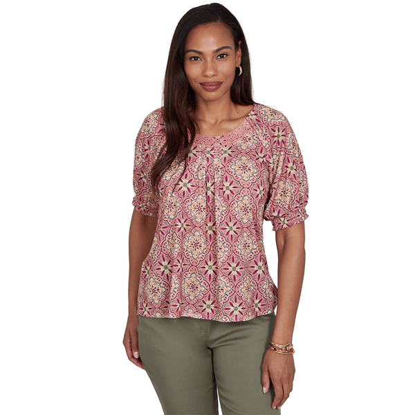 Plus Size Ruby Rd. Sedona Escape Desert Geo Print Lace Trim Knit - image 