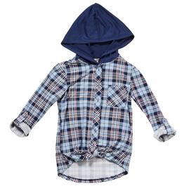 Girls &#40;7-16&#41; No Comment Hooded Button Down Top - Bejewel Plaid