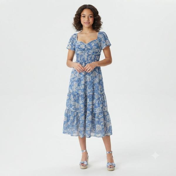 Juniors Trixxi Puff Sleeve Floral Chiffon Side Slit Midi Dress