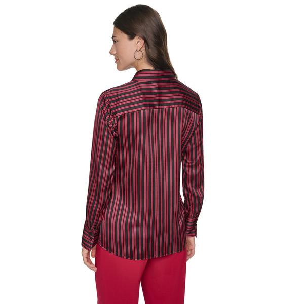 Womens DKNY Long Sleeve Tie Neck Stripe Satin Button Front Blouse