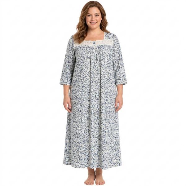 Plus Size Sophia 3/4 Sleeve Floral Lace Trim Henley Nightgown - image 