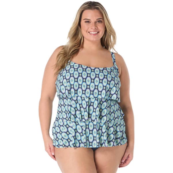 Plus Size Beach House Retro Geometric Ruffle Tankini Swim Top - image 