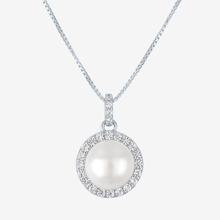 Gemstone Classics(tm) Lab Grown White Sapphire & Pearl Halo Pendant