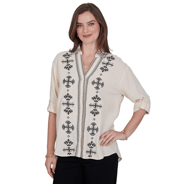 Womens Ruby Rd. Tropical Noir Roll Tab Sleeve Front Button Blouse