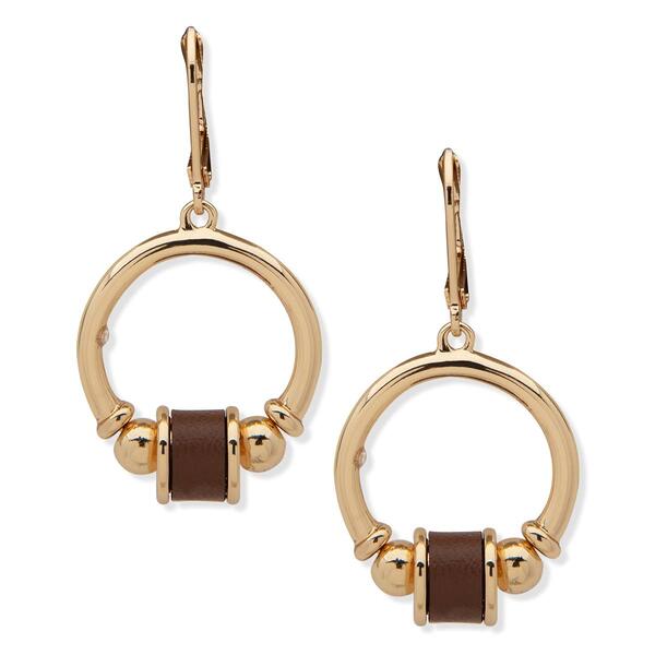 Chaps Gold-Tone & Brown Circle Drop Leverback Earrings - image 