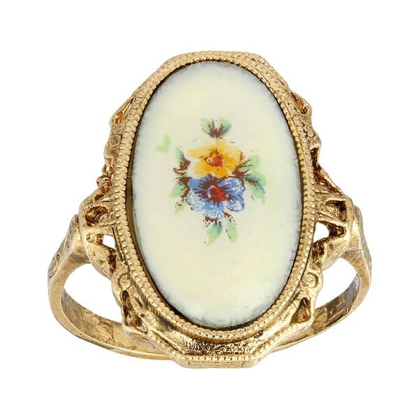 1928 Gold Tone Hand-Enameled Flower Ring - image 