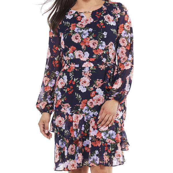Womens Madison Leigh Long Sleeve Floral Hardware Neck Dress