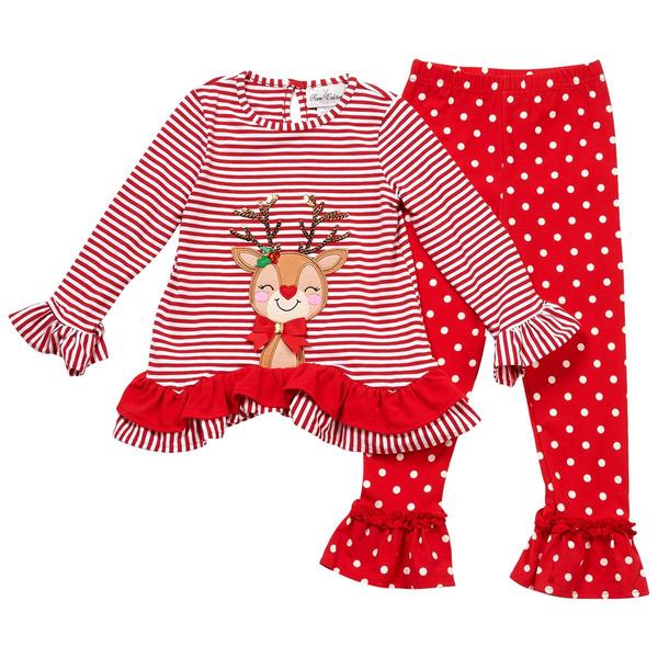 Girls (4-6x) Rare Editions Reindeer Top & Polka Dot Legging Set - image 