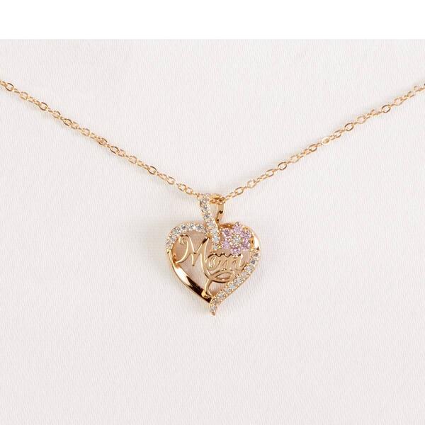 Gold-Tone Heart with Pink Cubic Zirconia Flower Pendant - image 