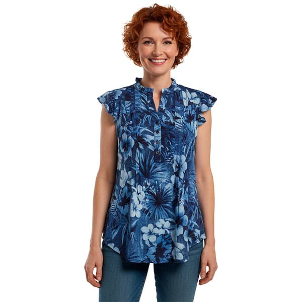 Womens Cocomo Flutter Cap Sleeve Ruffle Neck Floral Blouse - image 