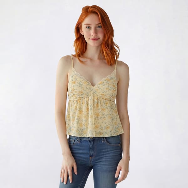Juniors Pink Rose Floral Print Mesh Babydoll Camisole - image 