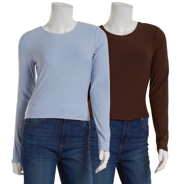Juniors Pink Rose 2pk. Long Sleeve Double Layer Crew Neck Top - image 