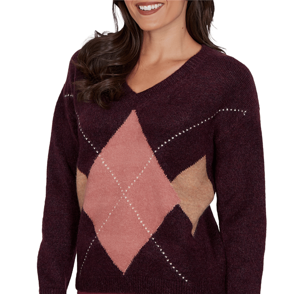 Womens Hearts of Palm Berry Fabulous V Neck Argyle Sweater