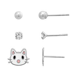Kids 3pr. Cat Pearl & Crystal Stud Earrings Set