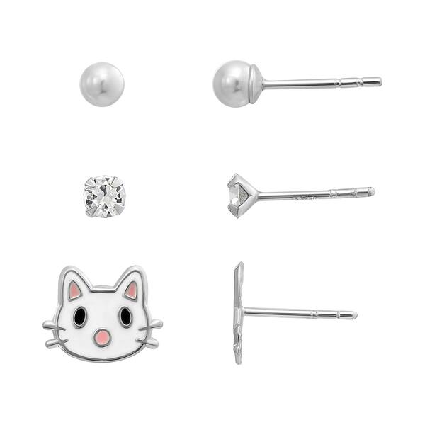 Kids 3pr. Cat Pearl & Crystal Stud Earrings Set - image 