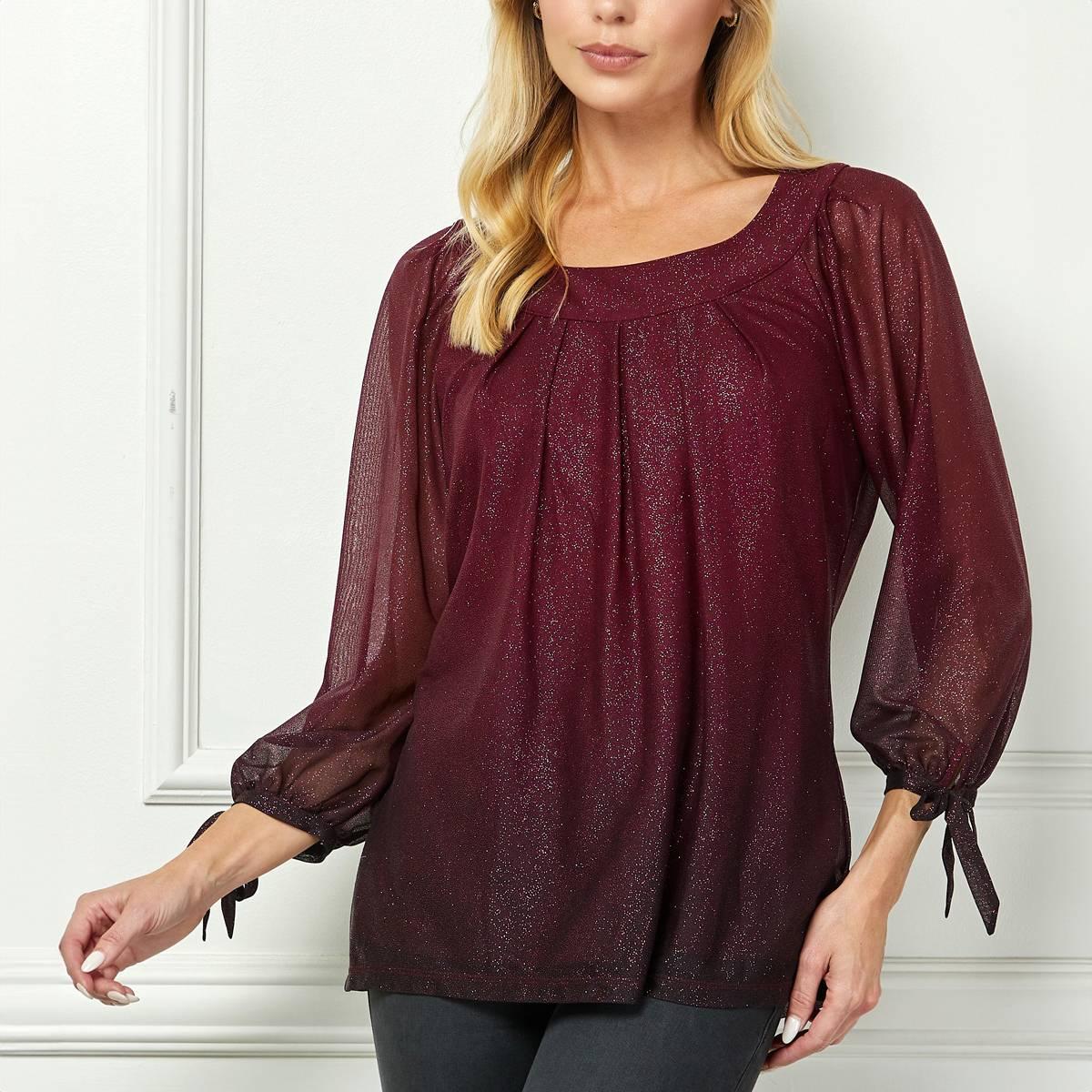 Womens Sara Michelle 3/4 Tie Sleeve Ombre Glitter Blouse