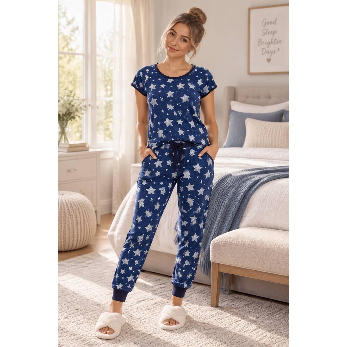 Juniors Pillow Talk Short Sleeve Stars Jogger Pajama Set