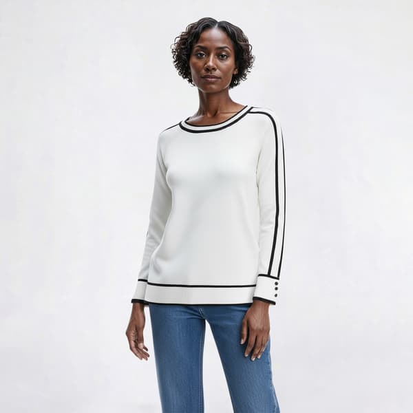 Womens Retrology 3/4 Sleeve Solid Crew Neck Tipped Sweater