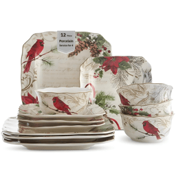 222 Fifth Holiday Wishes 12pc Red Porcelain Dinnerware Collection